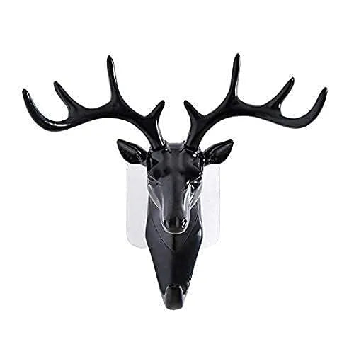 Plastic Deer Head Hanging Hook, Self Adhesive Wall Door Hook Hanger Bag Keys Sticky Holder (Black)