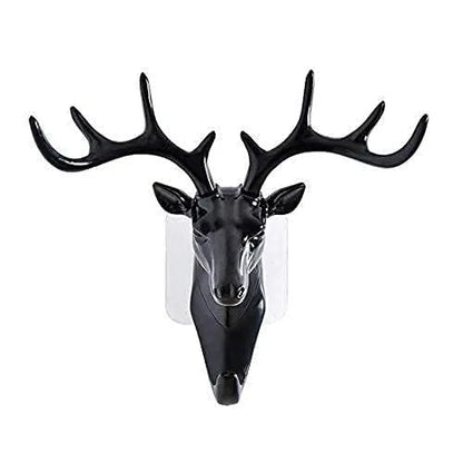 Plastic Deer Head Hanging Hook, Self Adhesive Wall Door Hook Hanger Bag Keys Sticky Holder (Black)