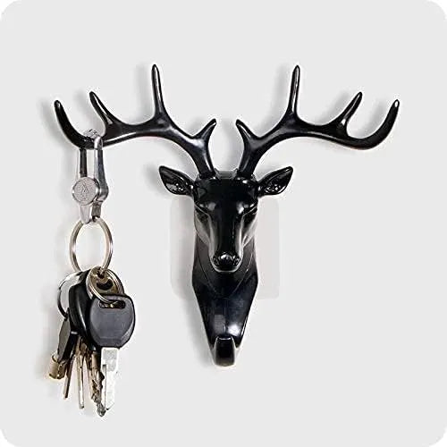 Plastic Deer Head Hanging Hook, Self Adhesive Wall Door Hook Hanger Bag Keys Sticky Holder (Black)