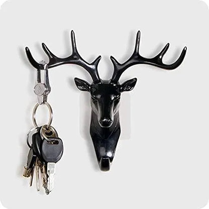 Plastic Deer Head Hanging Hook, Self Adhesive Wall Door Hook Hanger Bag Keys Sticky Holder (Black)