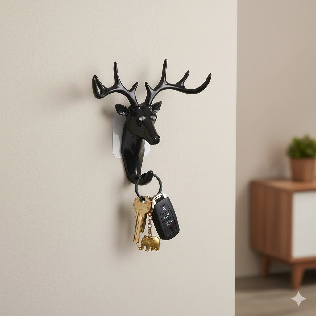 Plastic Deer Head Hanging Hook, Self Adhesive Wall Door Hook Hanger Bag Keys Sticky Holder (Black)