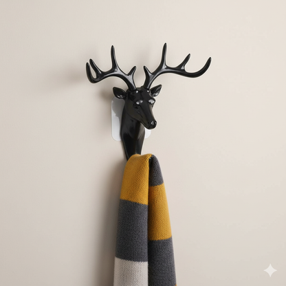 Plastic Deer Head Hanging Hook, Self Adhesive Wall Door Hook Hanger Bag Keys Sticky Holder (Black)