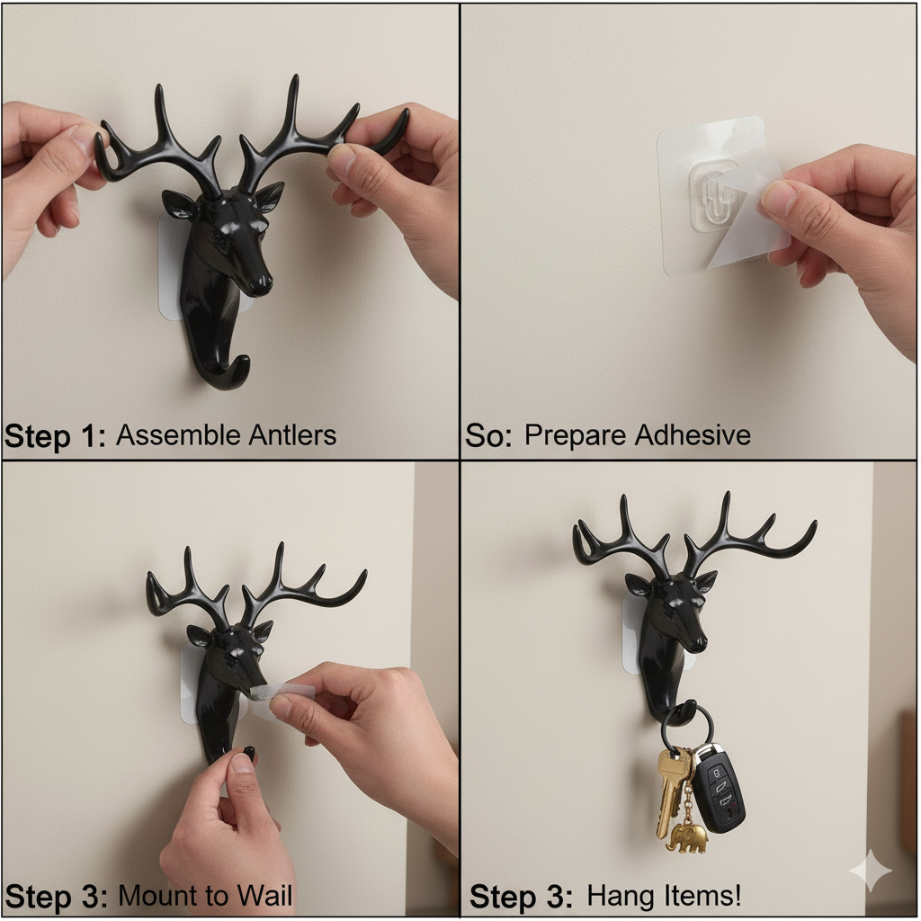 Plastic Deer Head Hanging Hook, Self Adhesive Wall Door Hook Hanger Bag Keys Sticky Holder (Black)
