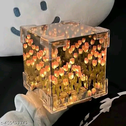 🌸✨ Tulip Cube Mirror Lamp 🌈 | 30 LED Flower Lights 🌷 | 2-in-1 Mirror & Decorative Table Lamp 💡 | Elegant Glass Design 🌟 | Perfect for Bedroom, Living Room, or Gift 🎁