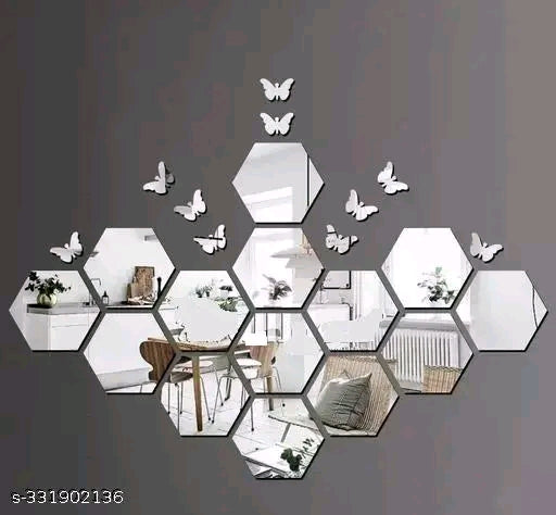 🦋✨ PLOUF 14 Hexagon + 10 Butterfly Silver Acrylic Mirror Wall Stickers – Elegant Home Decor Set 🌟